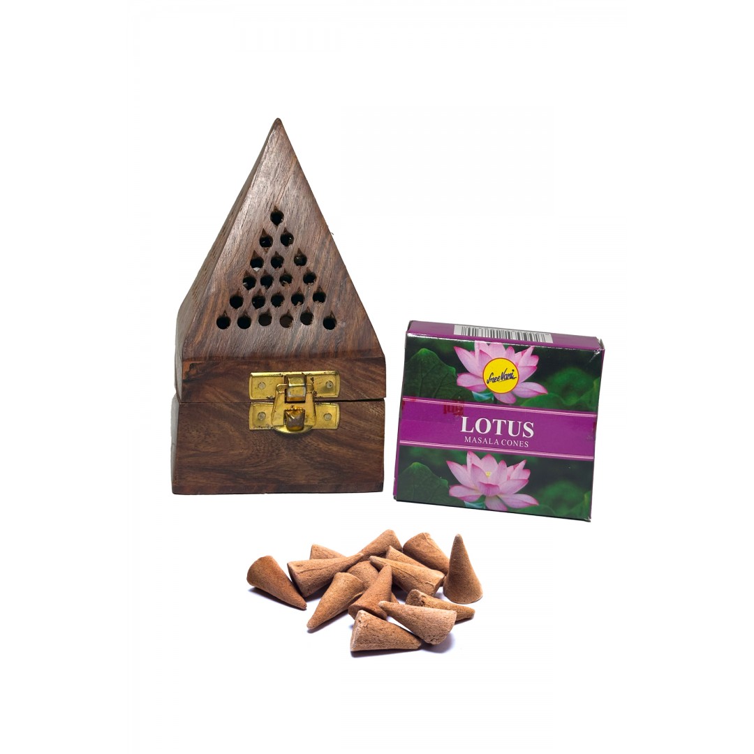 Ahşap piramit tütsülük ve lotus kokulu konik tütsü seti