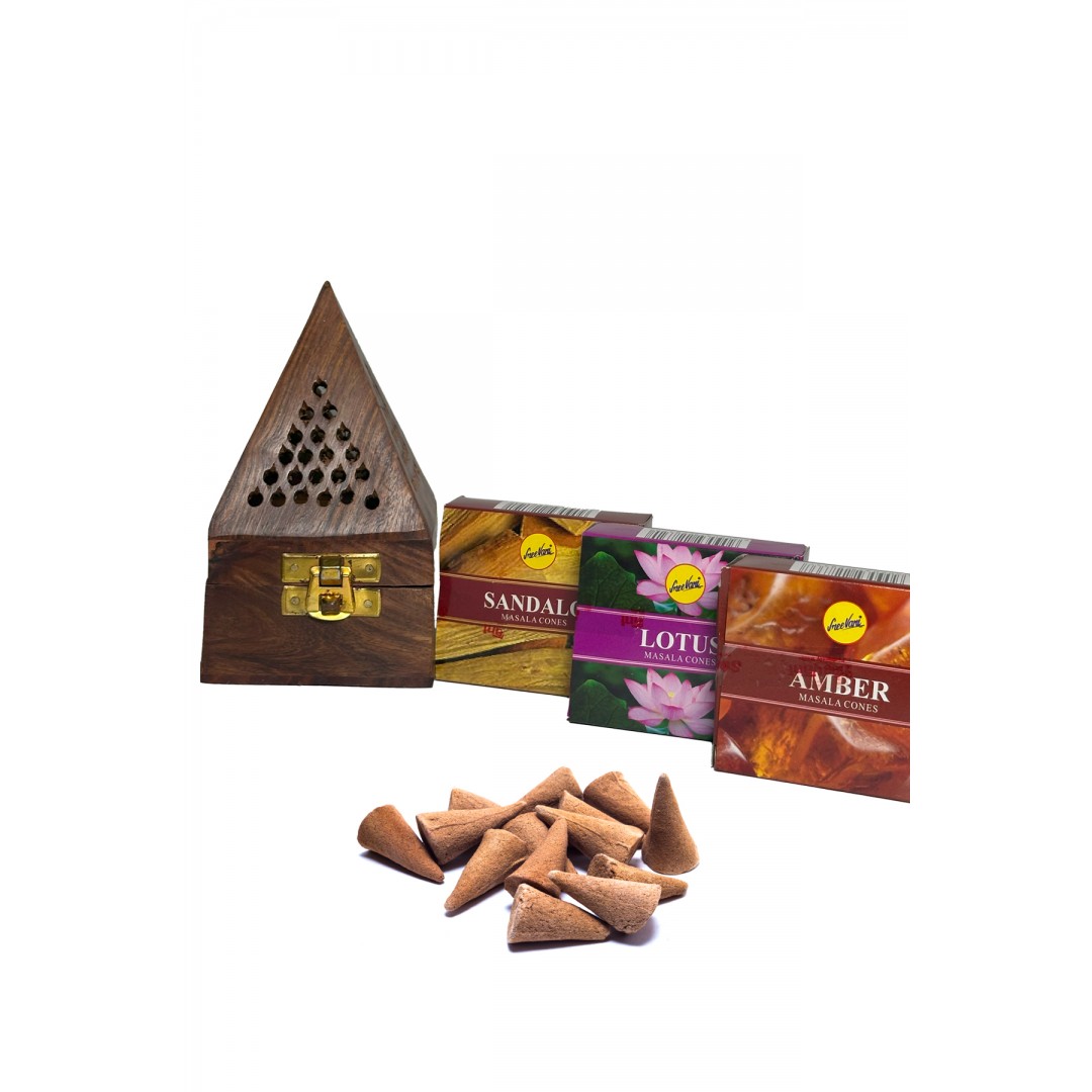 Ahşap piramit tütsülük ve sandal, lotus, amber kokulu konik tütsü seti