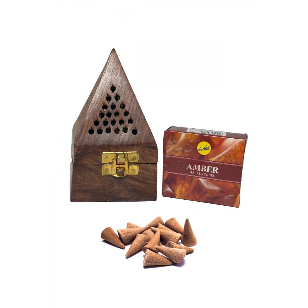 Ahşap piramit tütsülük ve amber kokulu konik tütsü seti