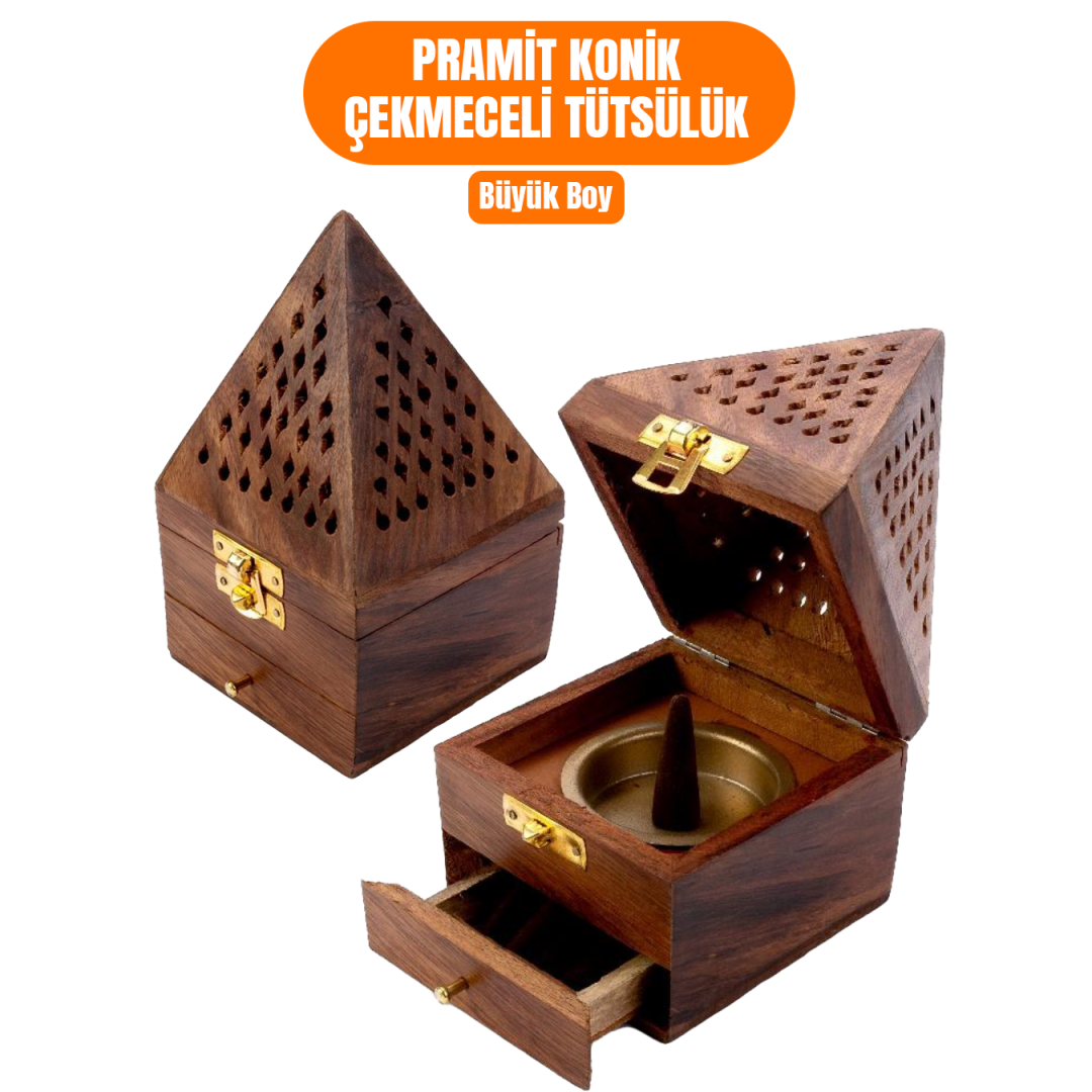 El Yapımı Ahşap Konik Tütsülük - Çekmeceli Pramit Tasarım (Büyük Boy)