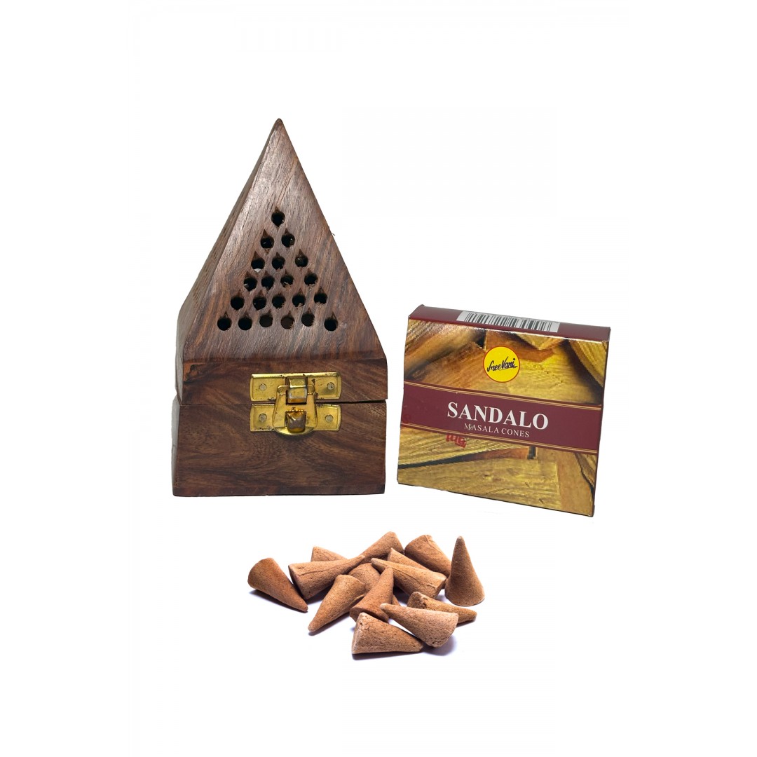 Ahşap piramit tütsülük ve sandal kokulu konik tütsü seti