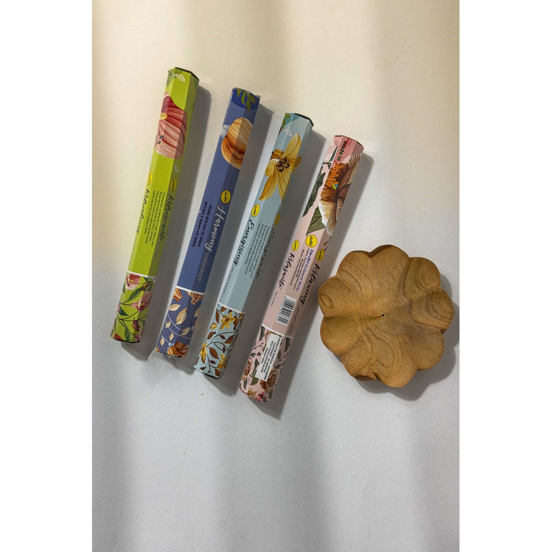 4'Lü Çiçeksi Koku ve Çiçek Desenli Ahşap Tütsülük