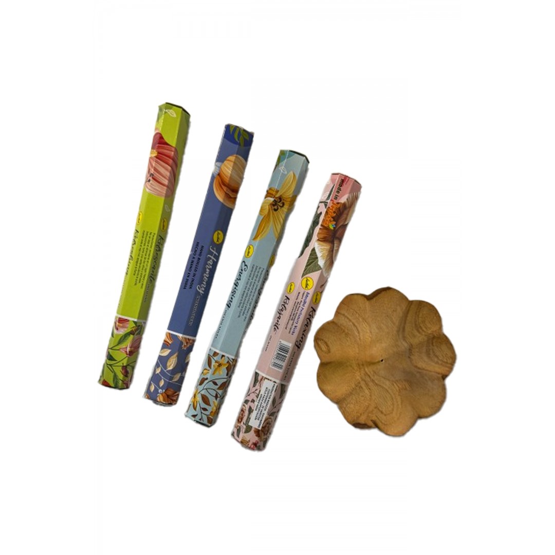 4'Lü Çiçeksi Koku ve Çiçek Desenli Ahşap Tütsülük